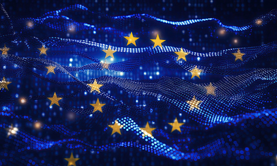 Blaue Datenstränge und gelbe Sterne bilden gemeinsam eine abstrakte europäische Flagge.