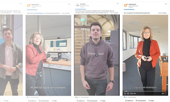 Eine Collage zum LinkedIn Takeover. Links das gemeinsame Profilbild aus den beiden Logos von visionpier und ambersearch, rechts Screenshots aus den Videos.